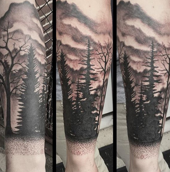Shaded Dotted Mountain Range Forest Tattoo