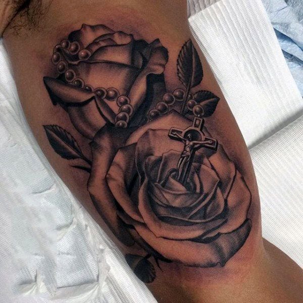 Shaded Inner Bicep Tattoo with Multiple Rosaries