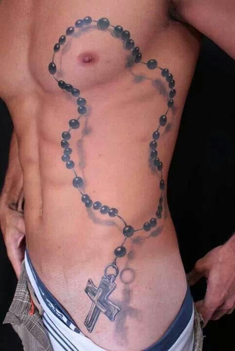 Side Rib Cage Full Length Rosary Tattoo Idea