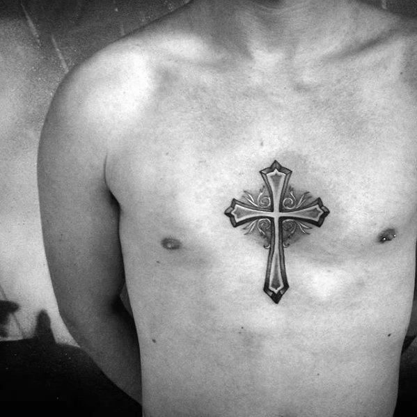 Sternum Detailed Cross Tattoo Idea for Men