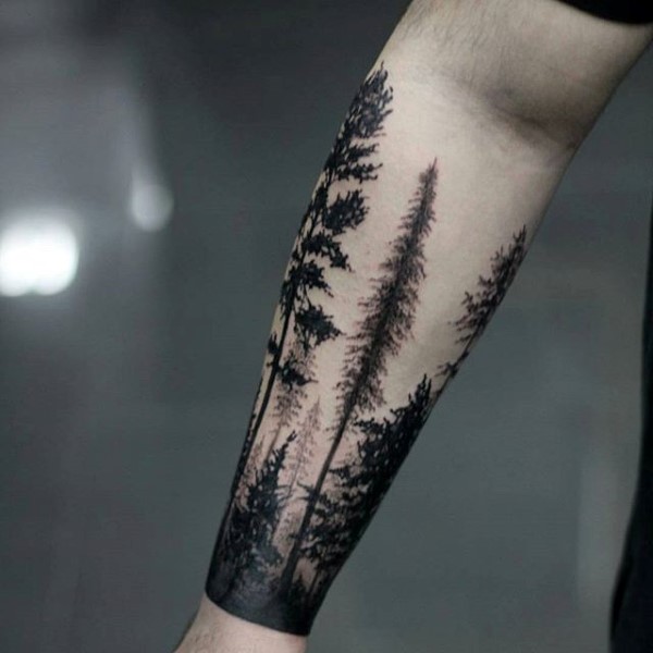 Tall Tree Forest Wraparound Forearm Tattoo Idea