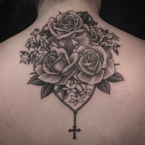 Traditional Style Rosary and Rose Bouquet Tattoo.