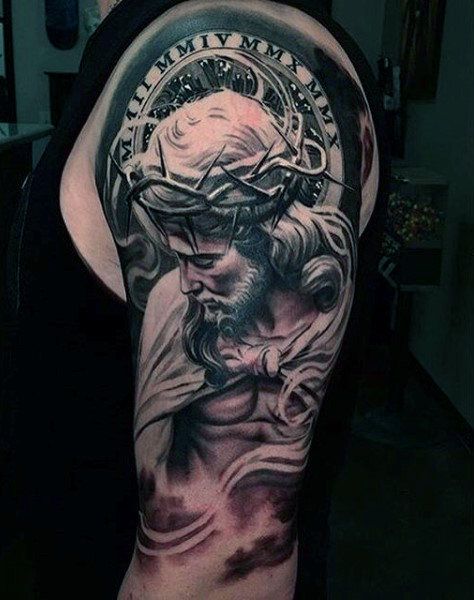 Upper Arm Full Tattoo of Jesus in a Cloak