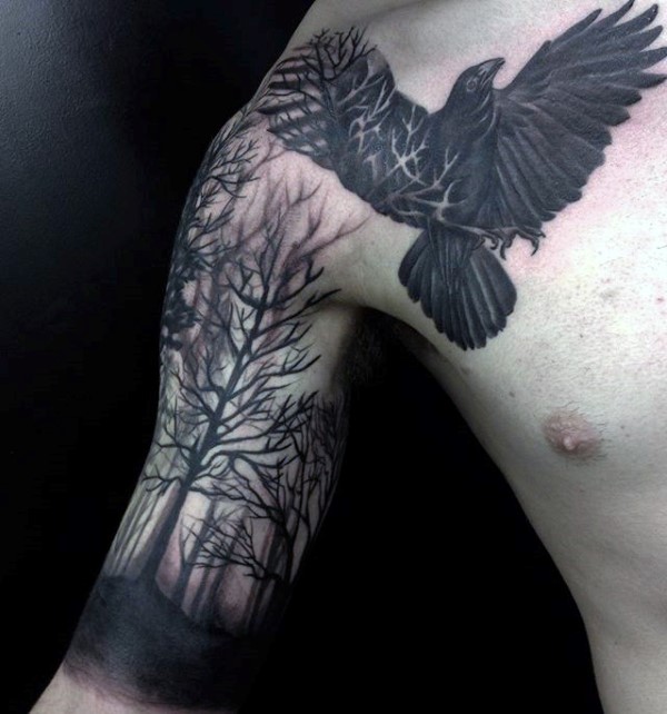 Upper Bicep Forest and Eagle Wing Tattoo