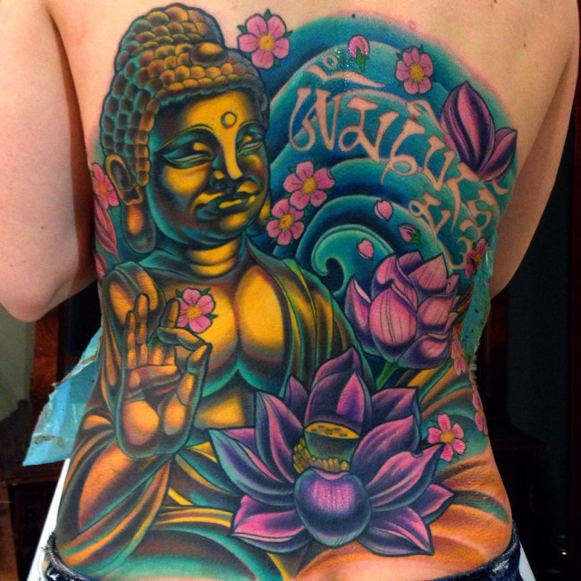 Vibrant Lotus Flower Buddha Back Tattoo Idea for Men