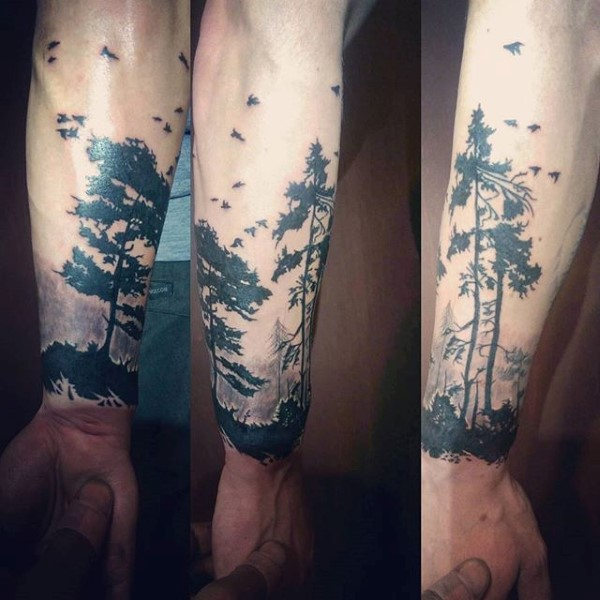 Watercolor Forest Forearm Tattoo