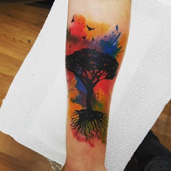 Watercolor Rainbow Forest Tree Forearm Tattoo
