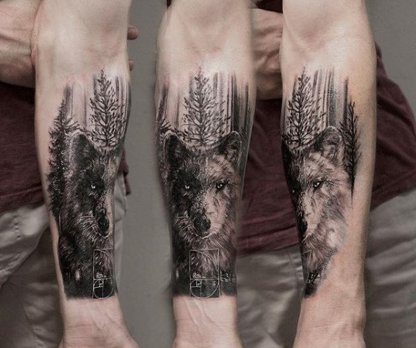 Wolf Portrait Tattoo with Trees on Your Back Leg