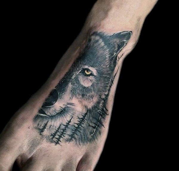 Wolf and Forest Tree Foot Tattoo Idea