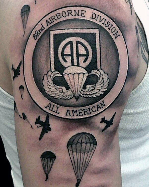 Airbourne All American Military Patch Tattoo Surrounded by Flighter Jets and Parachutes