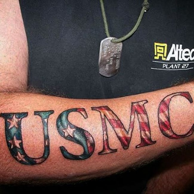 American Flag USMC Text Forearm Tattoo
