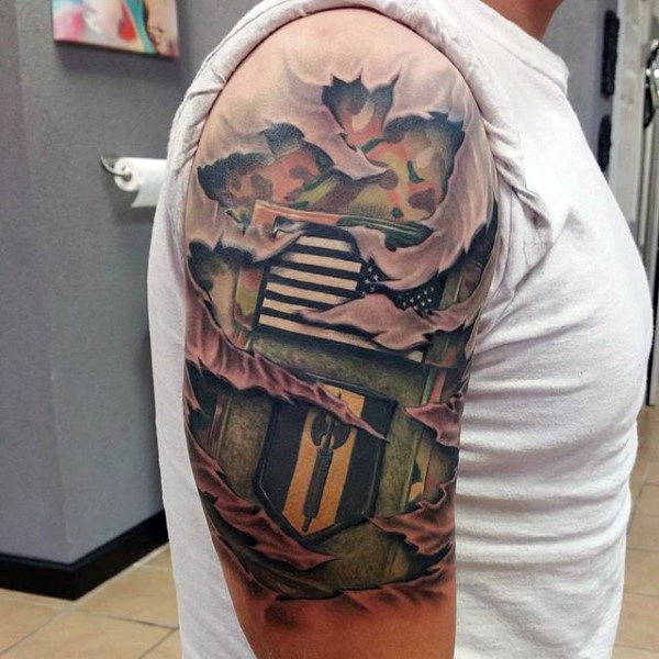 Army Badge Patch Beneath Skin Clawed Tattoo Idea