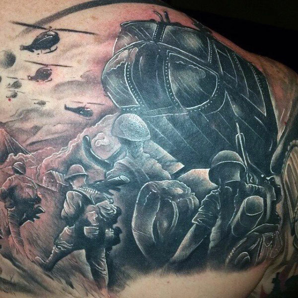 Back Tattoo of a Military Helicopter Flying Over the Warzones