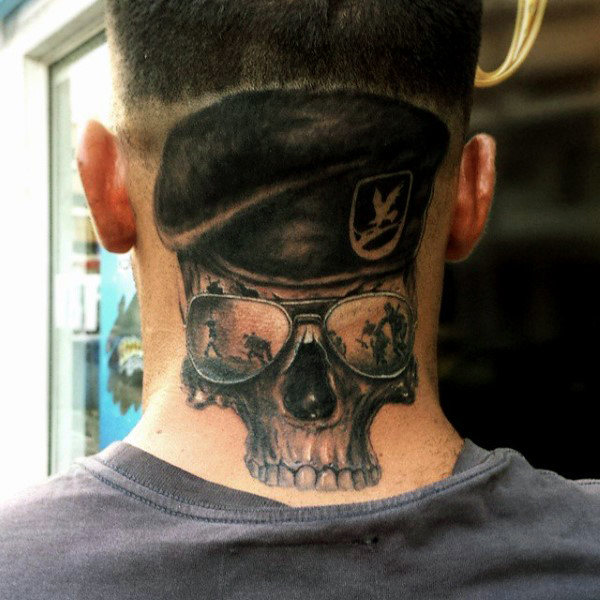 Back of Head and Neck Skull Tattoo with Glasses Reflecting War Zones