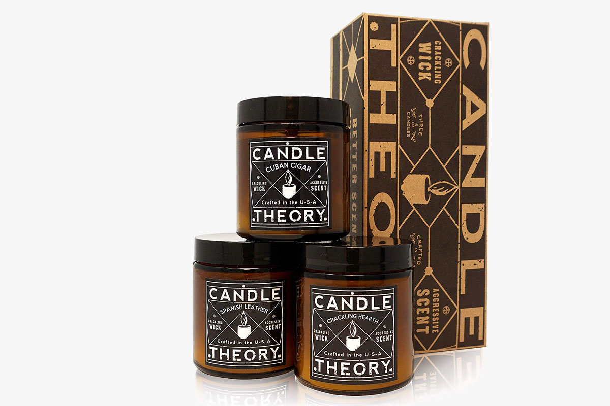 Candle Theory Scented Candle Set – 3 Scents Cuban Cigar, Spanish Leather, and Crackling Hearts