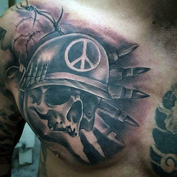 Chest Tattoo Idea of a Skull Wearing a Military Hat with a Peace Sign