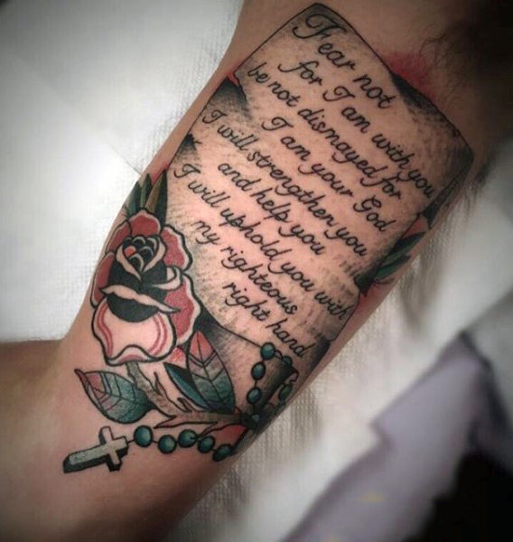 Colorful Bible Quote Upper Arm Tattoo for Men Who Love Roses and Rosaries