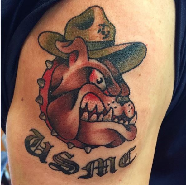 Colorful Devil Dog USMC Upper Arm Tattoo Idea