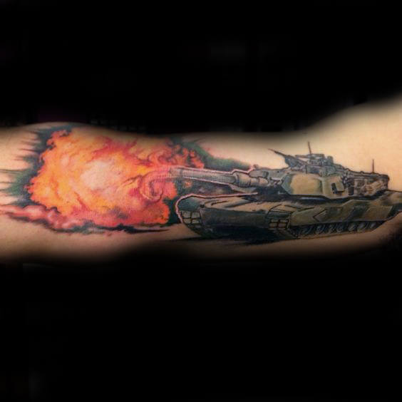 Colorful Firing Tank with Bright Explosion Forearm Tattoo Idea