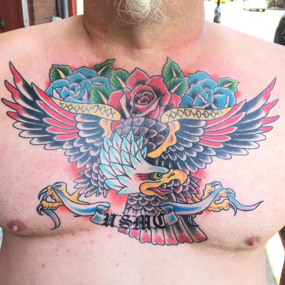 Colorful and Detailed Eagle Wing USMC Chest Piece Idea for Men