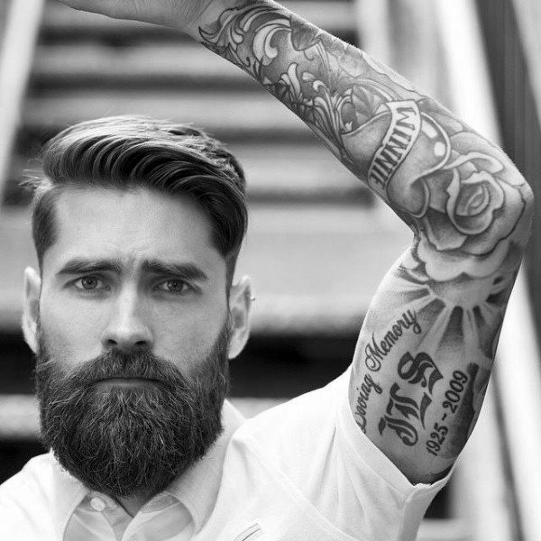Comb Over Hairstyle Idea for Men with Tattoos and a Beard