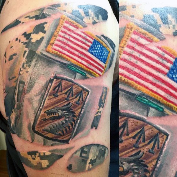 Creative American Flag and Army Badge Tattoo Ideas
