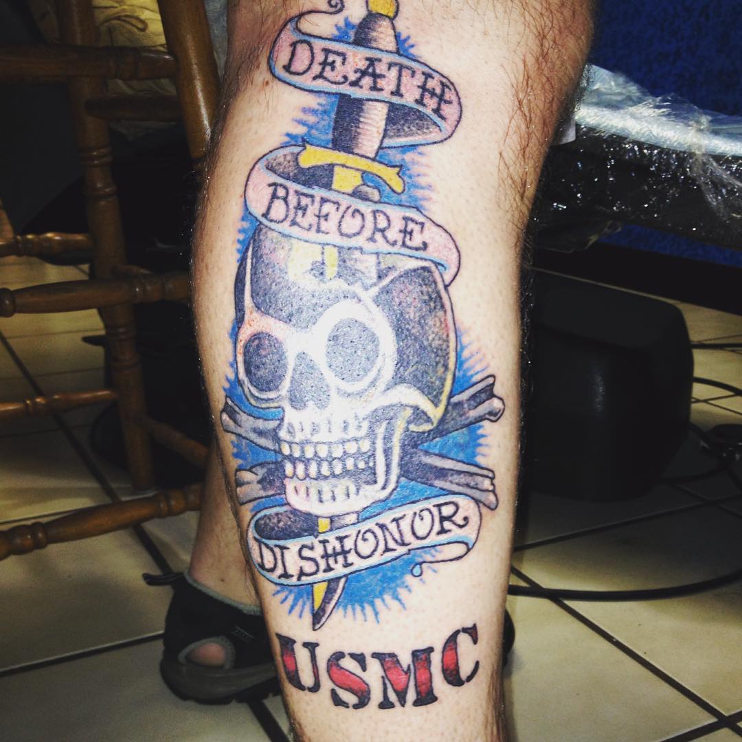 Death Before Dishonor Skull and Cross Bones USMC Calf Tattoo
