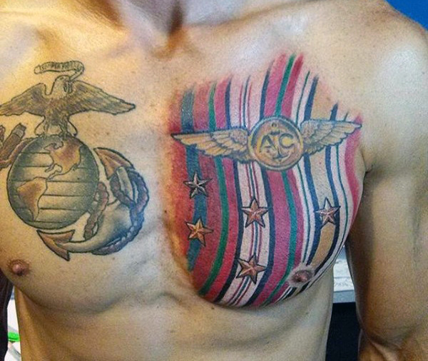 Dual Chest Tattoos of Semper Fi Symbol and Military Medals