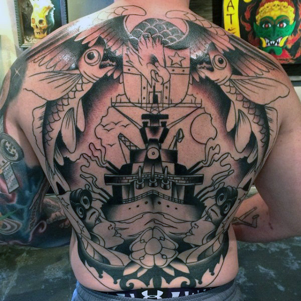 Full Back Piece of Navy Ship and Underwater Creatures