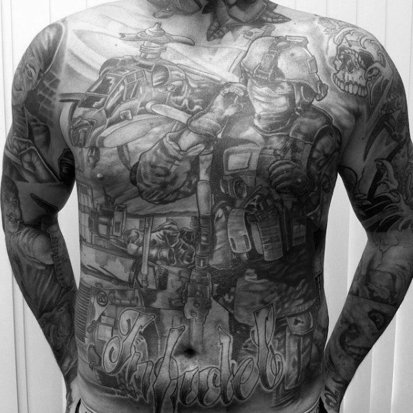 Full Chest and Stomach Military Tattoo Piece Representing All Parts of War