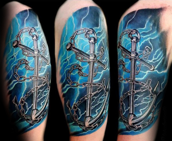 Full Upper Arm Colorful Anchor Tattoo Idea for Navy Men