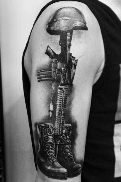 Full Upper Arm Gun and Soldier Boots Tattoo Idea