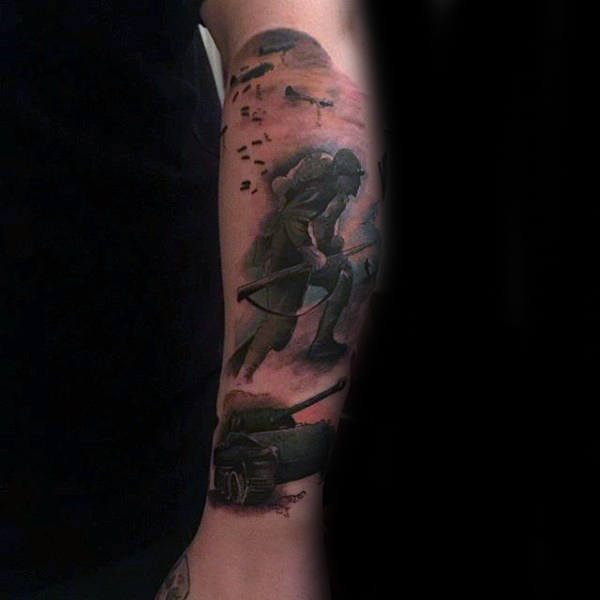 Half Sleeve Watercolor Piece of Soldiers and Tanks