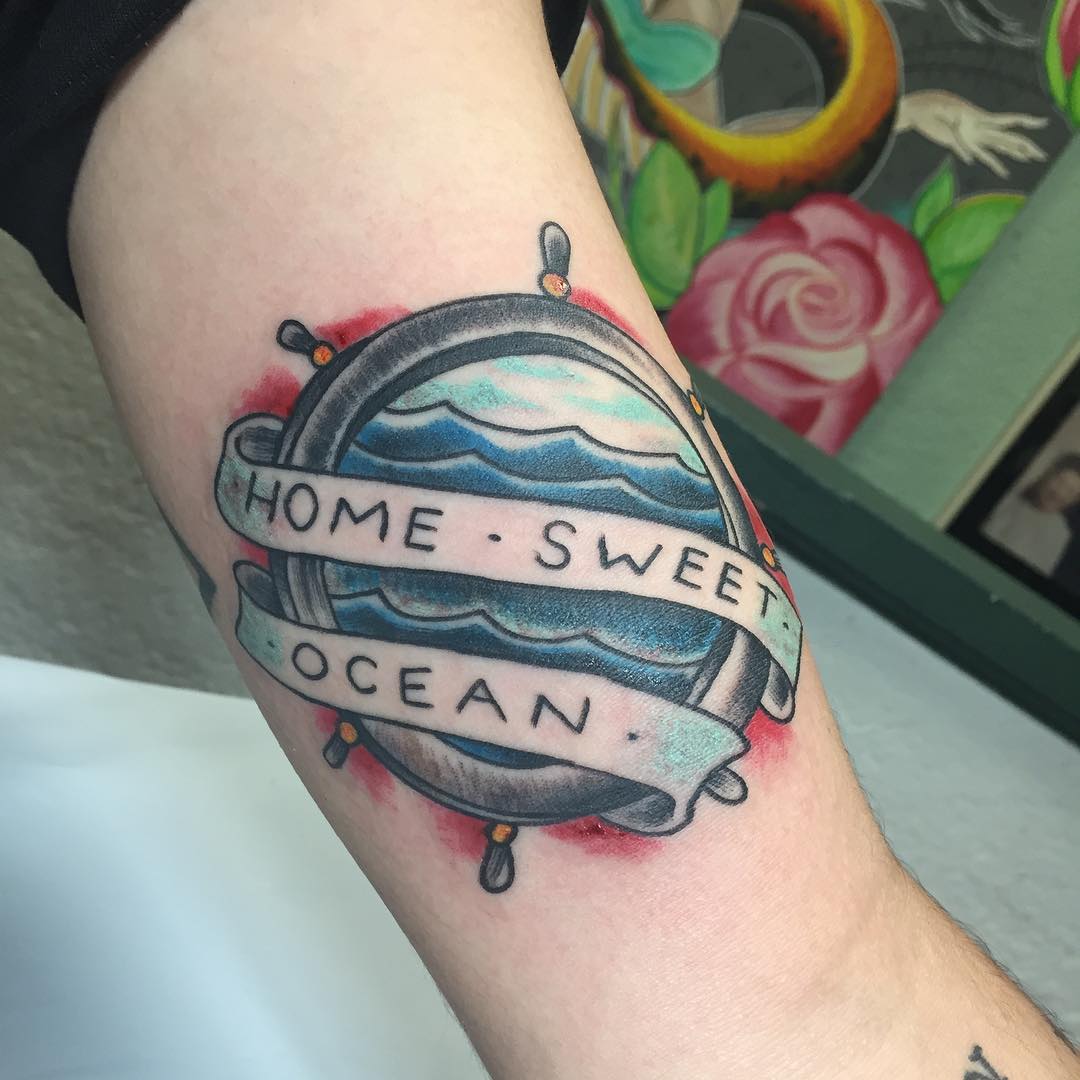 Home Sweet Ocean Ship's Wheel American Traditional Tattoo