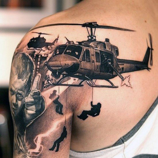 Incredibly Detailed Military Helicopter Back Tattoo Idea for Men
