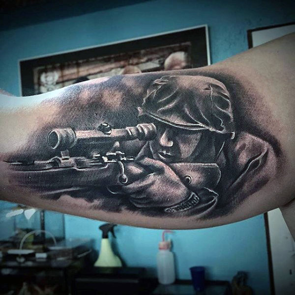 Inner Bicep Tattoo Idea of a Focused Military Soldier