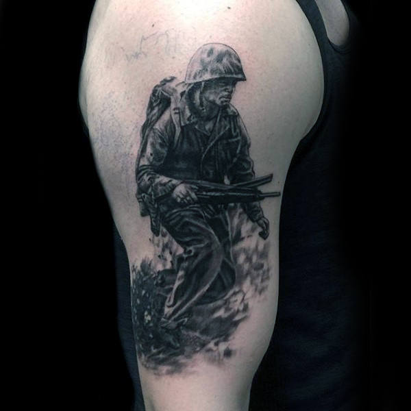 Lifelike Soldier Upper Arm Tattoo Idea