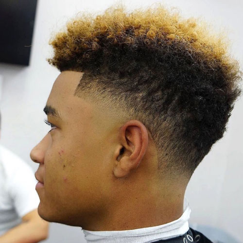 Low Fade Hair Idea for Men with Curly Black-to-Blond Hair