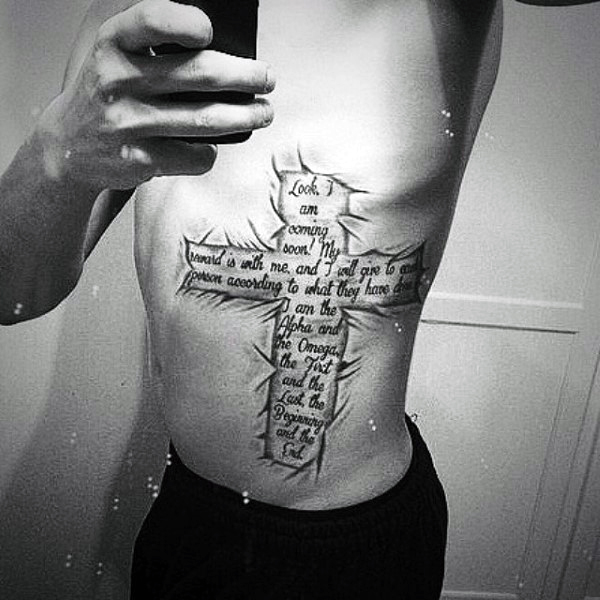 Lower Side of Body Cross and Verse Tattoo Idea for Men