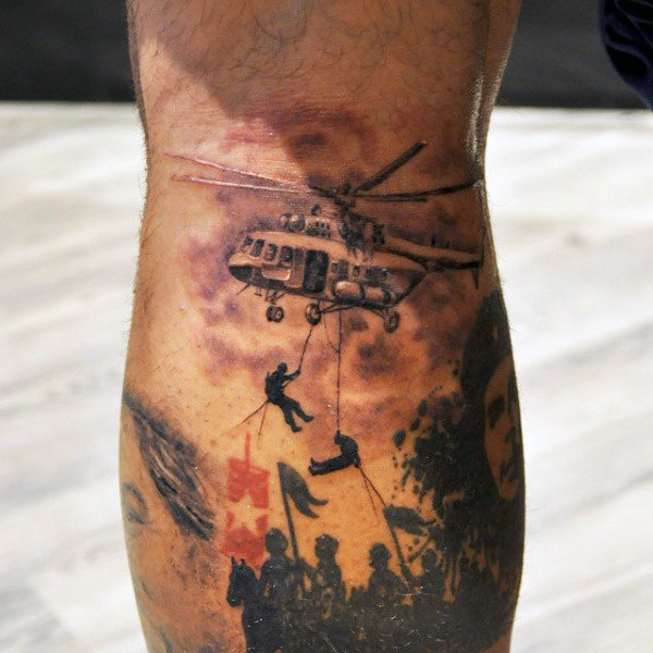 Military Helicopter Letting Soldiers Drop Down to the Battlefield Tattoo Idea