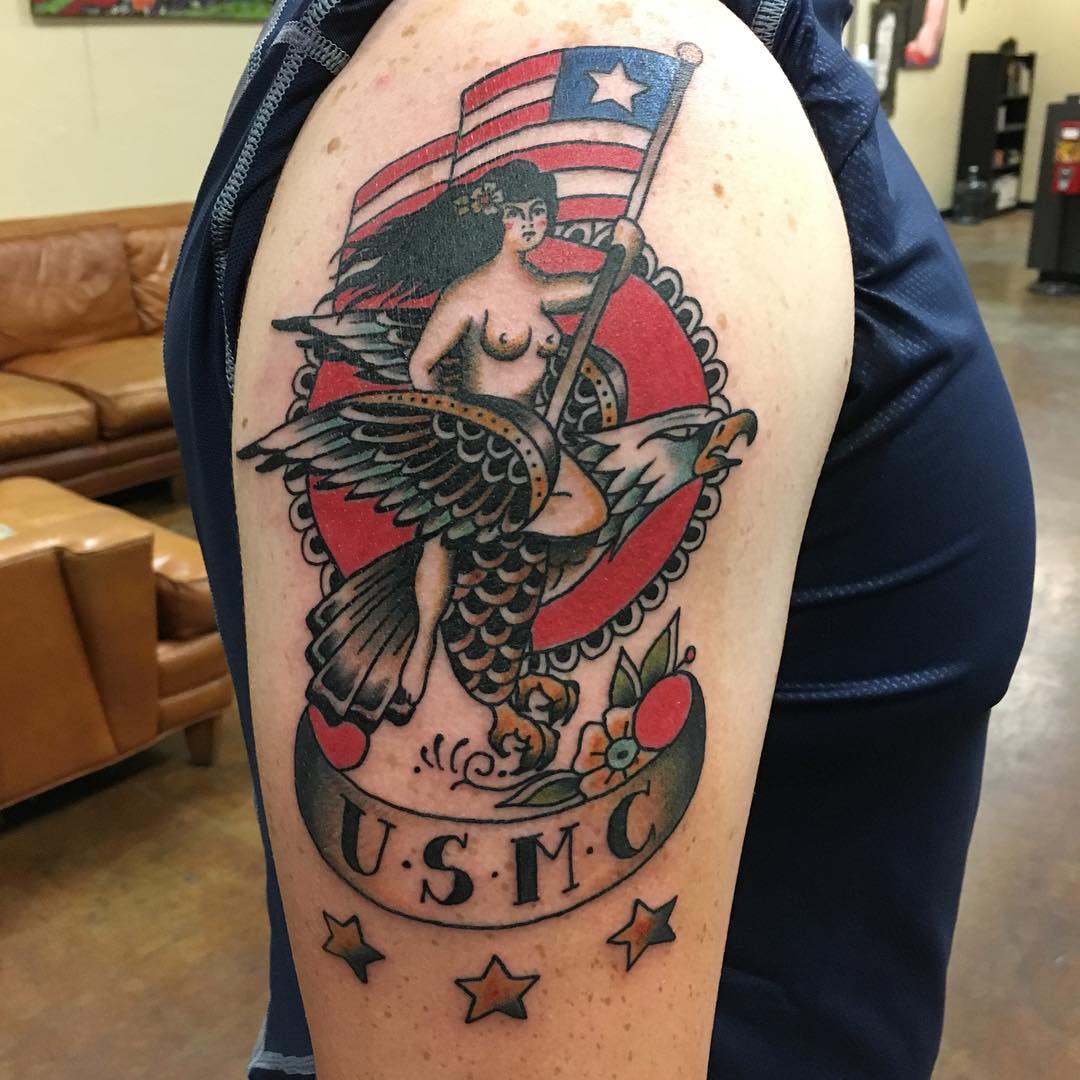 Naked Woman Riding Eagle USMC Star Tattoo Idea