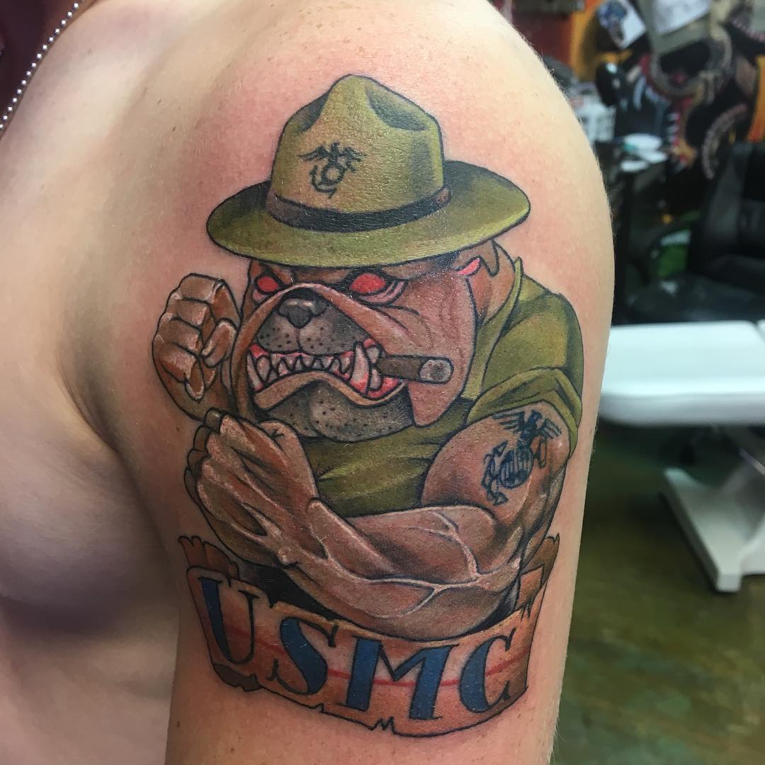 Olive Green Fighting Bulldog USMC Tattoo