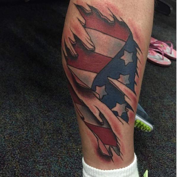 Patriotic American Flag USMC Leg Tattoo