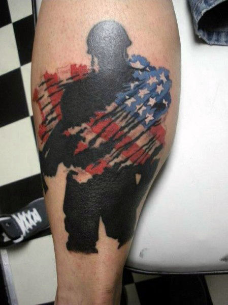 Red and Blue Flag with a Black Ink Soldier Tattoo Idea