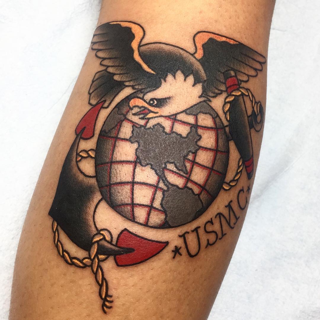 Red and Yellow Shaded USMC Small Tattoo for Men