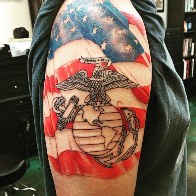 Semper Fidelis Slogan and American Flag Marine Tattoo Idea