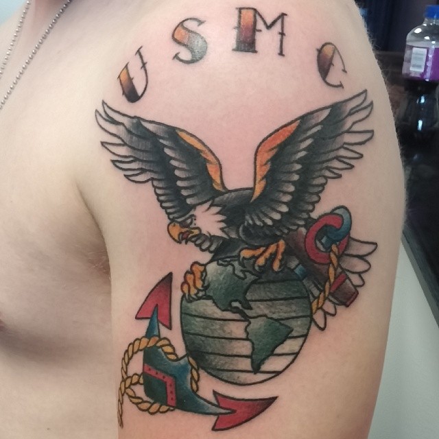 Shoulder Upper Arm Tattoo with USMC and Eagle Design