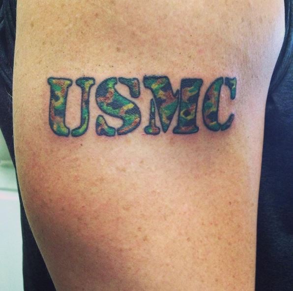 Simple USMC Block Letter Text Tattoo in Marine Corps Colors