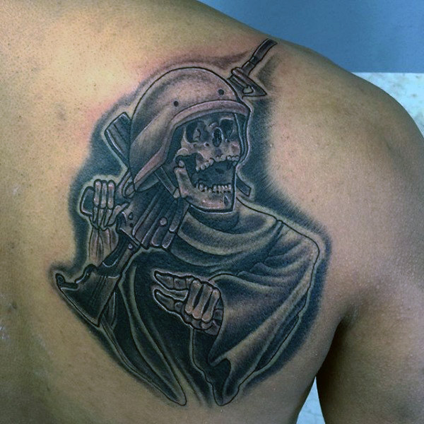 Skeleton in Military Gear Back Tattoo Idea