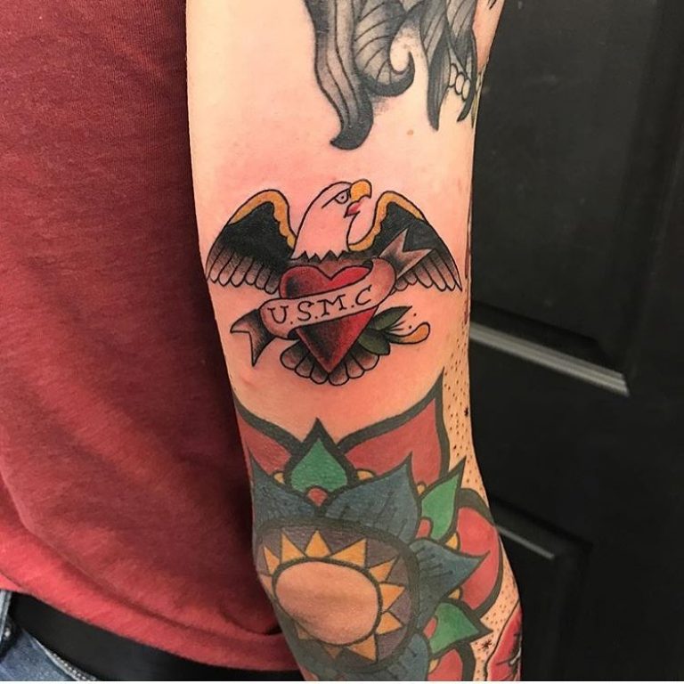 Small Eagle and Heart USMC Tattoo Above the Elbow